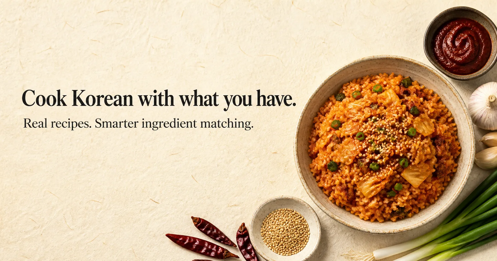 Kimchi fried rice and Korean pantry ingredients with the Korean Pantry message